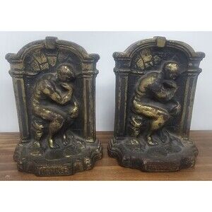 Vintage Rodin The Thinker Cast Metal Bookends Full Figure Deep Thought Heavy